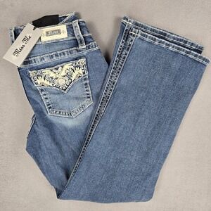 Fleur by Miss Me Jeans Womens 29/8 Blue Medium Wash Slim Wide‎ Embellished SR197
